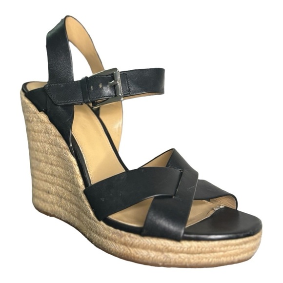 Michael Kors Black Leather Wedge Espadrille Sandals Size 10 Open Toe Ankle Strap - Picture 11 of 11